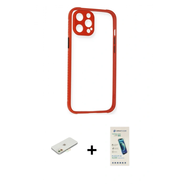 MARSİLYAN™- iPhone 12 Kılıf Nova Asil Özel Seri - Şeffaf Pasifik Cam Ekran Koruyucu + Turuncu Renkli Kamera Lens Koruma Cam