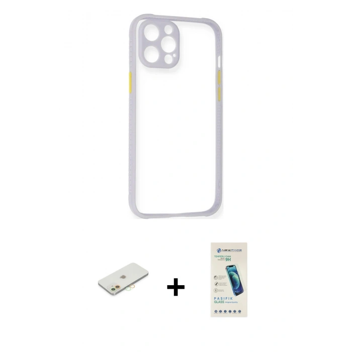 MARSİLYAN™- iPhone 12 Kılıf Nova Asil Özel Seri - Şeffaf Pasifik Cam Ekran Koruyucu + Turuncu Renkli Kamera Lens Koruma Cam