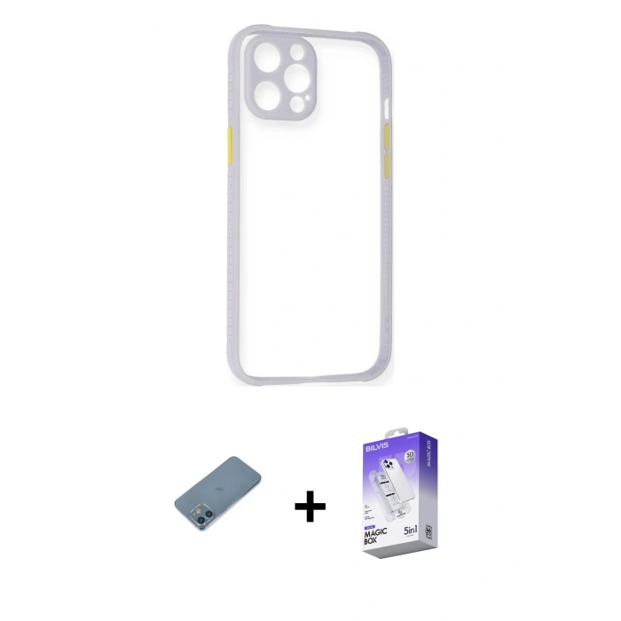 MARSİLYAN™- iPhone 12 Kılıf Nova Asil Özel Seri - Siyah Bilvis 5in1 3D Magic Cam Ekran Koruyucu + Mavi Shine Kamera Lens Koruma Cam