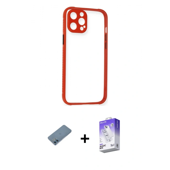MARSİLYAN™- iPhone 12 Kılıf Nova Asil Özel Seri - Siyah Bilvis 5in1 3D Magic Cam Ekran Koruyucu + Mavi Shine Kamera Lens Koruma Cam