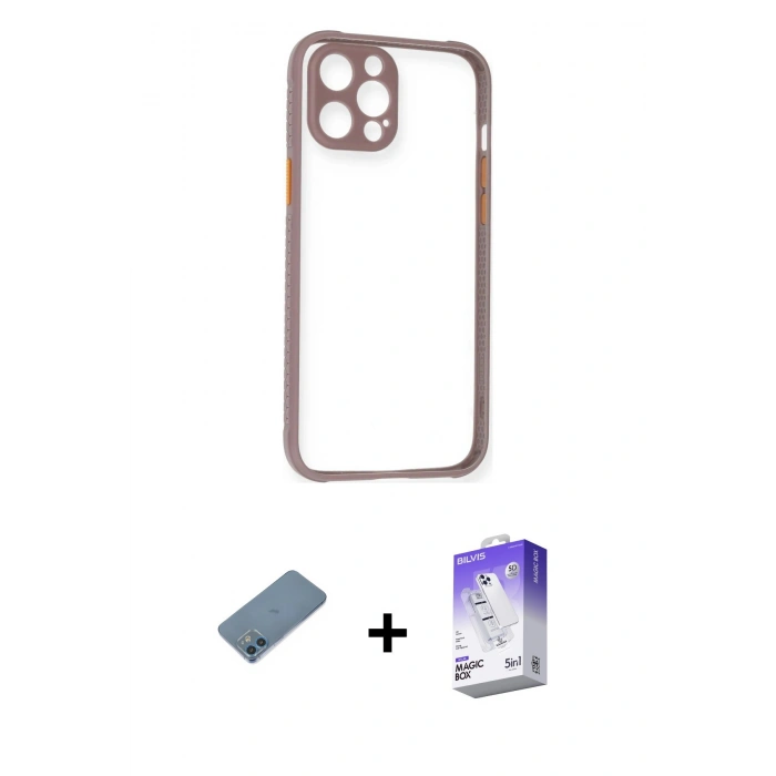 MARSİLYAN™- iPhone 12 Kılıf Nova Asil Özel Seri - Siyah Bilvis 5in1 3D Magic Cam Ekran Koruyucu + Mavi Shine Kamera Lens Koruma Cam