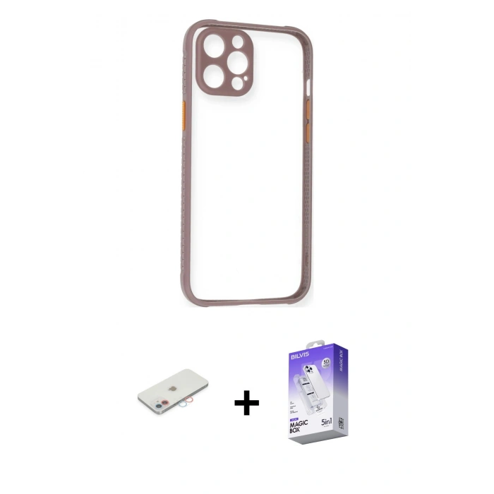 MARSİLYAN™- iPhone 12 Kılıf Nova Asil Özel Seri - Siyah Bilvis 5in1 3D Magic Cam Ekran Koruyucu + Renkli Kamera Lens Koruma Cam - PE