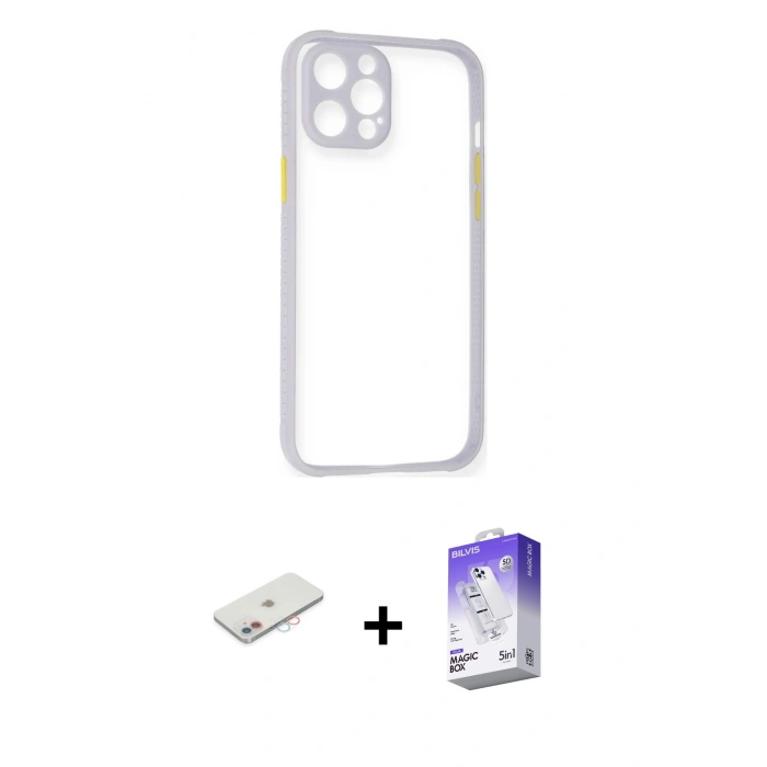 MARSİLYAN™- iPhone 12 Kılıf Nova Asil Özel Seri - Siyah Bilvis 5in1 3D Magic Cam Ekran Koruyucu + Renkli Kamera Lens Koruma Cam - PE