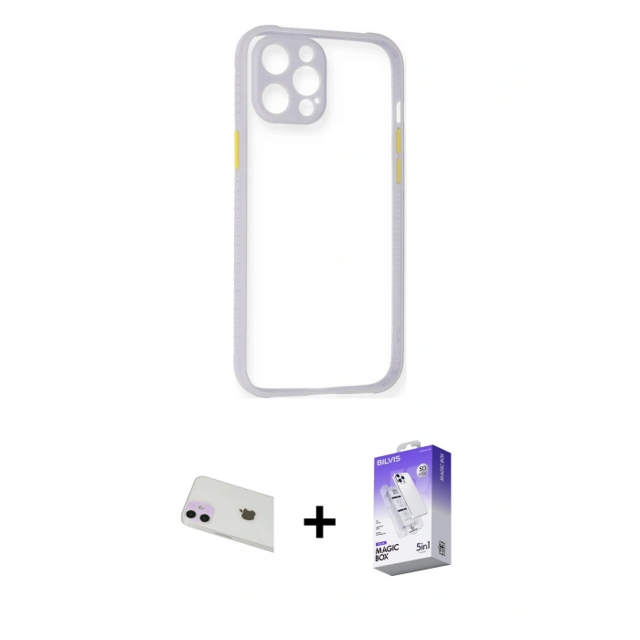 MARSİLYAN™- iPhone 12 Kılıf Nova Asil Özel Seri - Siyah Bilvis 5in1 3D Magic Cam Ekran Koruyucu + Rainbow Kamera Lens Koruma Cam - MR