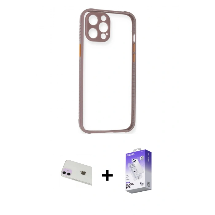 MARSİLYAN™- iPhone 12 Kılıf Nova Asil Özel Seri - Siyah Bilvis 5in1 3D Magic Cam Ekran Koruyucu + Rainbow Kamera Lens Koruma Cam - MR