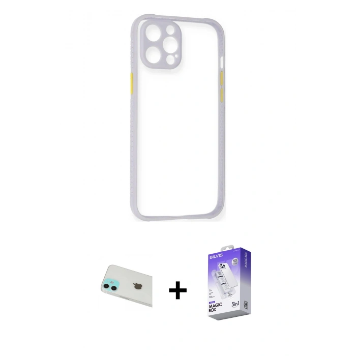 MARSİLYAN™- iPhone 12 Kılıf Nova Asil Özel Seri - Siyah Bilvis 5in1 3D Magic Cam Ekran Koruyucu + Rainbow Kamera Lens Koruma Cam - YL