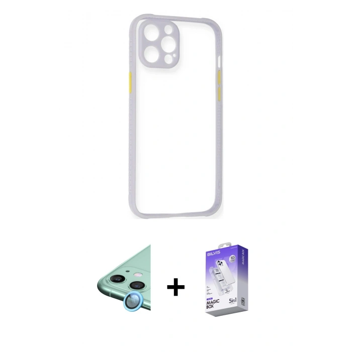 MARSİLYAN™- iPhone 12 Kılıf Nova Asil Özel Seri - Siyah Bilvis 5in1 3D Magic Cam Ekran Koruyucu + Raze Metal Kamera Lens - MI