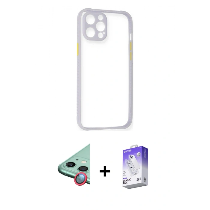 MARSİLYAN™- iPhone 12 Kılıf Nova Asil Özel Seri - Siyah Bilvis 5in1 3D Magic Cam Ekran Koruyucu + Raze Metal Kamera Lens - KI
