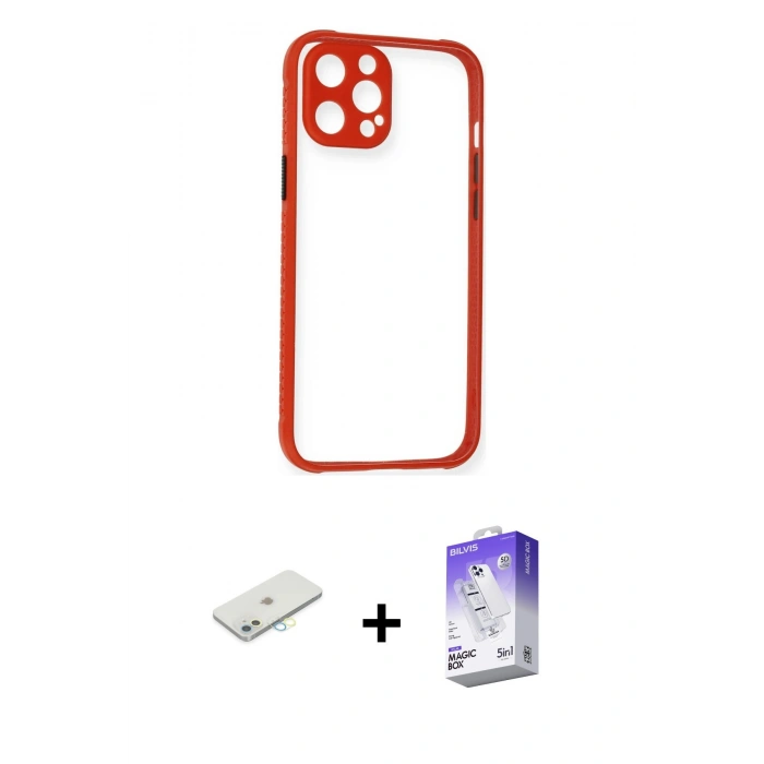 MARSİLYAN™- iPhone 12 Kılıf Nova Asil Özel Seri - Siyah Bilvis 5in1 3D Magic Cam Ekran Koruyucu + Sarı Renkli Kamera Lens Koruma Cam