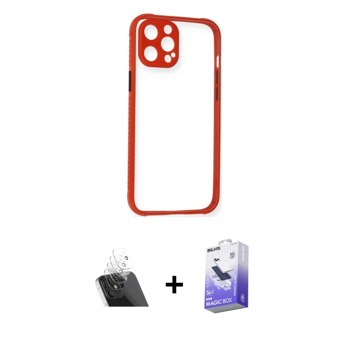 MARSİLYAN™- iPhone 12 Kılıf Nova Asil Özel Seri - Siyah Bilvis 5in1 5D Magic Hayalet Cam Ekran Koruyucu + Şeffaf Kamera Lens Koruma Cam