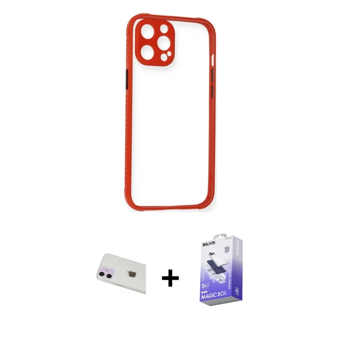 MARSİLYAN™- iPhone 12 Kılıf Nova Asil Özel Seri - Siyah Bilvis 5in1 5D Magic Hayalet Cam Ekran Koruyucu + Rainbow Kamera Lens Koruma Cam - MR