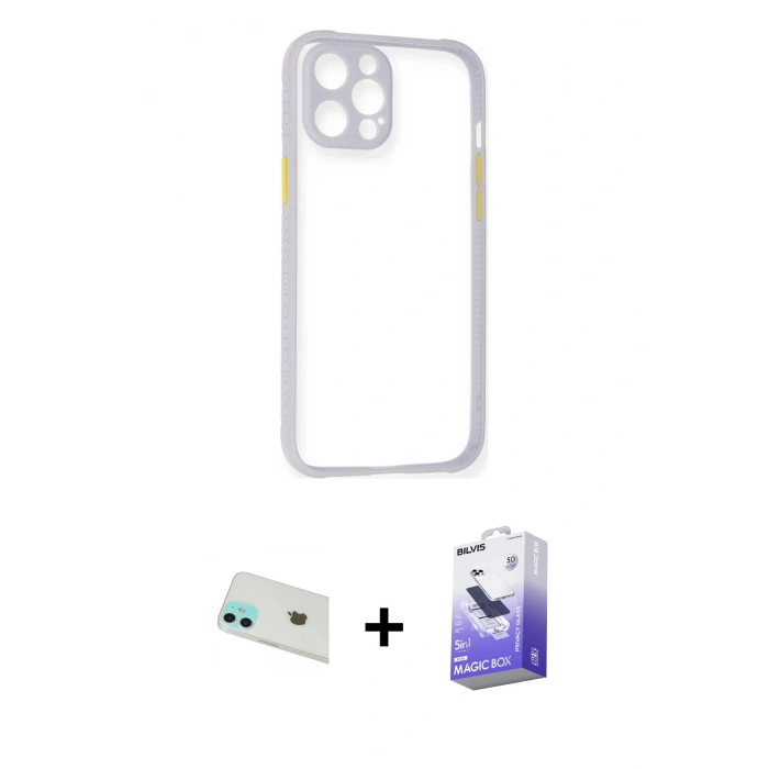 MARSİLYAN™- iPhone 12 Kılıf Nova Asil Özel Seri - Siyah Bilvis 5in1 5D Magic Hayalet Cam Ekran Koruyucu + Rainbow Kamera Lens Koruma Cam - YL