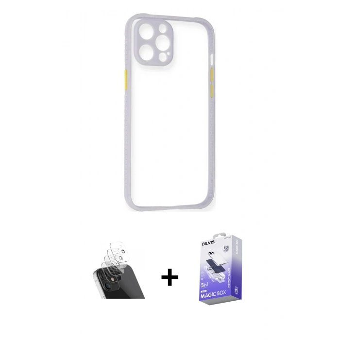 MARSİLYAN™- iPhone 12 Kılıf Nova Asil Özel Seri - Siyah Bilvis 5in1 5D Magic Hayalet Cam Ekran Koruyucu + Şeffaf Kamera Lens Koruma Cam