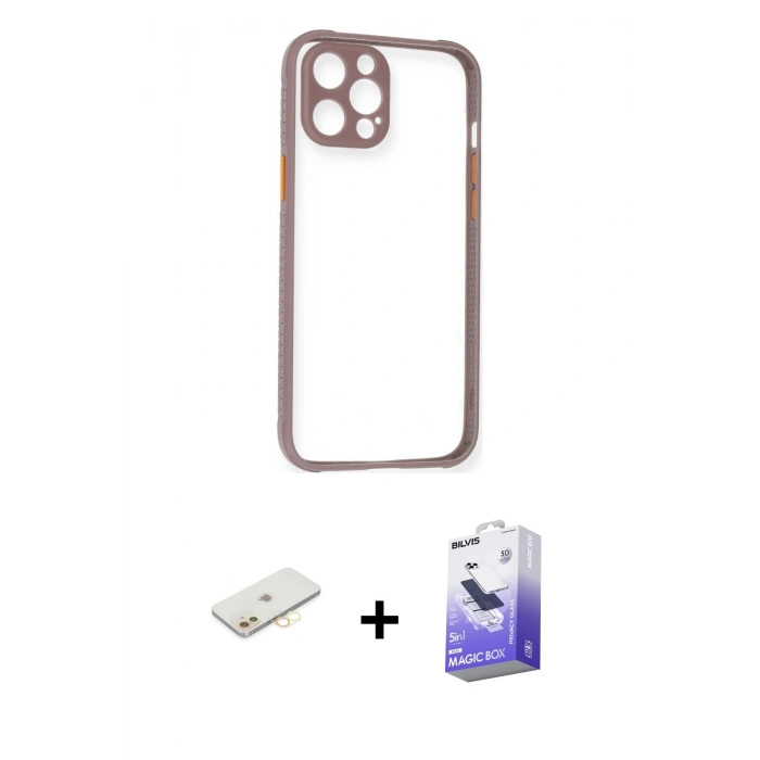 MARSİLYAN™- iPhone 12 Kılıf Nova Asil Özel Seri - Siyah Bilvis 5in1 5D Magic Hayalet Cam Ekran Koruyucu + Renkli Kamera Lens Koruma Cam - SI