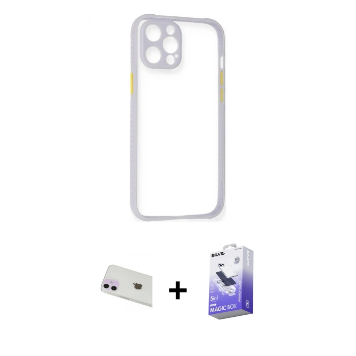 MARSİLYAN™- iPhone 12 Kılıf Nova Asil Özel Seri - Siyah Bilvis 5in1 5D Magic Hayalet Cam Ekran Koruyucu + Rainbow Kamera Lens Koruma Cam - MR
