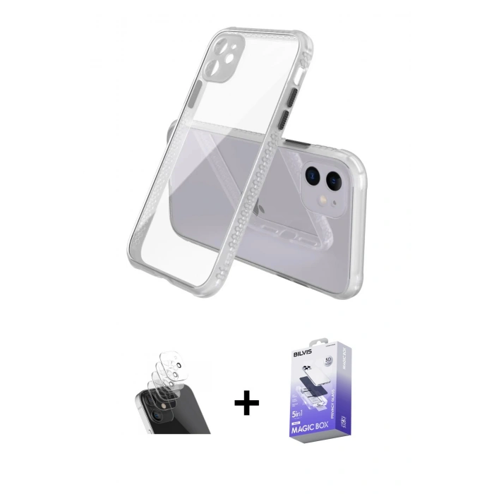 MARSİLYAN™- iPhone 12 Kılıf Nova Asil Özel Seri - Siyah Bilvis 5in1 5D Magic Hayalet Cam Ekran Koruyucu + Şeffaf Kamera Lens Koruma Cam