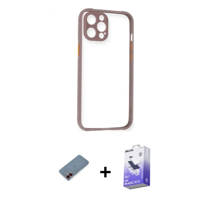 MARSİLYAN™- iPhone 12 Kılıf Nova Asil Özel Seri - Siyah Bilvis 5in1 5D Magic Hayalet Cam Ekran Koruyucu + Metal Kamera Lens Koruma Cam - KI