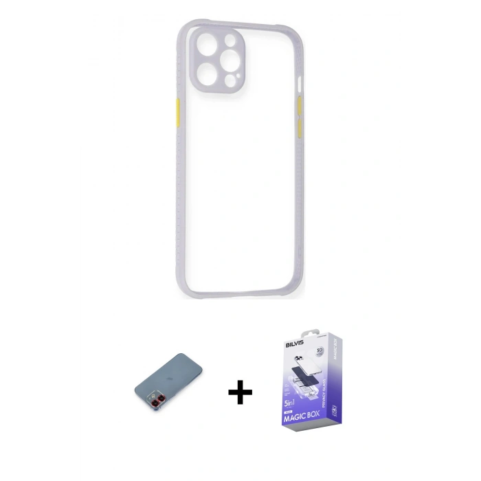 MARSİLYAN™- iPhone 12 Kılıf Nova Asil Özel Seri - Siyah Bilvis 5in1 5D Magic Hayalet Cam Ekran Koruyucu + Metal Kamera Lens Koruma Cam - KI