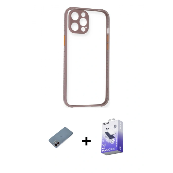 MARSİLYAN™- iPhone 12 Kılıf Nova Asil Özel Seri - Siyah Bilvis 5in1 5D Magic Hayalet Cam Ekran Koruyucu + Shine Kamera Lens Koruma Cam - PE