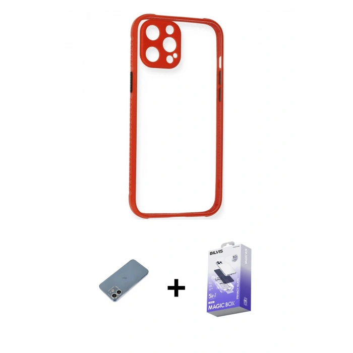MARSİLYAN™- iPhone 12 Kılıf Nova Asil Özel Seri - Siyah Bilvis 5in1 5D Magic Hayalet Cam Ekran Koruyucu + Shine Kamera Lens Koruma Cam - GS