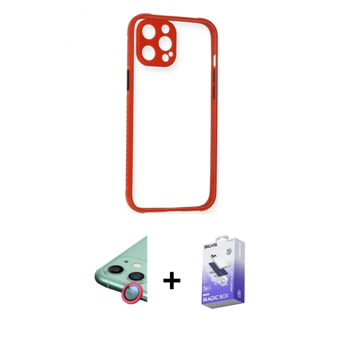 MARSİLYAN™- iPhone 12 Kılıf Nova Asil Özel Seri - Siyah Bilvis 5in1 5D Magic Hayalet Cam Ekran Koruyucu + Raze Metal Kamera Lens - KI
