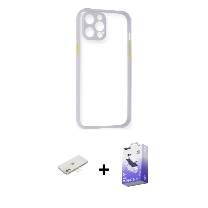 MARSİLYAN™- iPhone 12 Kılıf Nova Asil Özel Seri - Siyah Bilvis 5in1 5D Magic Hayalet Cam Ekran Koruyucu + Renkli Kamera Lens Koruma Cam - SI