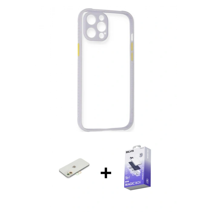 MARSİLYAN™- iPhone 12 Kılıf Nova Asil Özel Seri - Siyah Bilvis 5in1 5D Magic Hayalet Cam Ekran Koruyucu + Renkli Kamera Lens Koruma Cam - TU