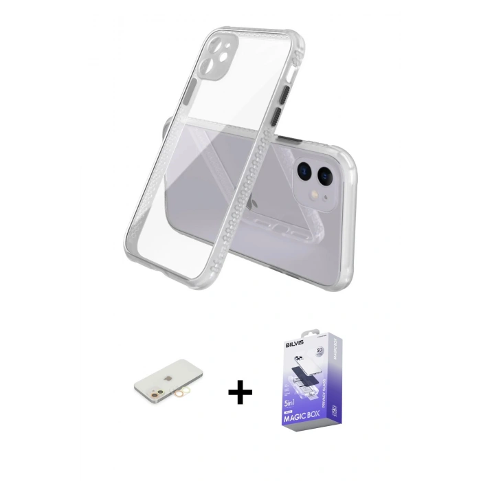 MARSİLYAN™- iPhone 12 Kılıf Nova Asil Özel Seri - Siyah Bilvis 5in1 5D Magic Hayalet Cam Ekran Koruyucu + Renkli Kamera Lens Koruma Cam - SI