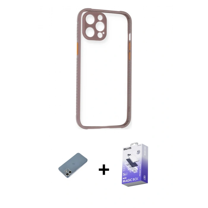 MARSİLYAN™- iPhone 12 Kılıf Nova Asil Özel Seri - Siyah Bilvis 5in1 5D Magic Hayalet Cam Ekran Koruyucu + Shine Kamera Lens Koruma Cam - GS