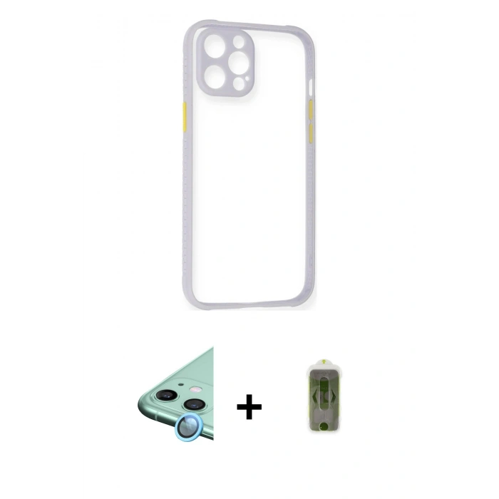 MARSİLYAN™- iPhone 12 Kılıf Nova Asil Özel Seri - Siyah Joko Magic 5D Hayalet Cam + Mavi Raze Metal Kamera Lens