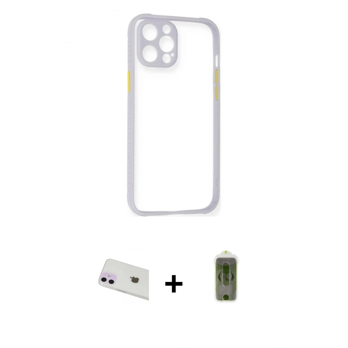 MARSİLYAN™- iPhone 12 Kılıf Nova Asil Özel Seri - Siyah Joko Magic 5D Hayalet Cam + Mor Rainbow Kamera Lens Koruma Cam