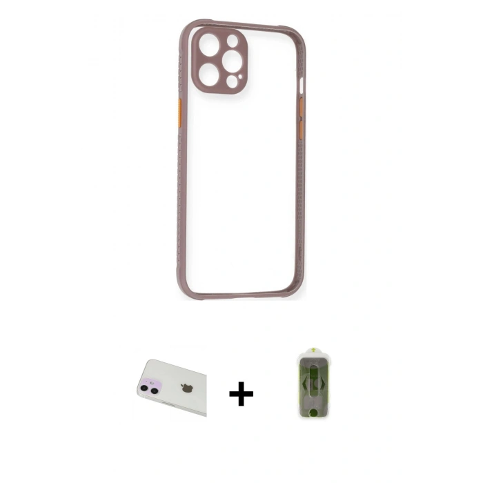 MARSİLYAN™- iPhone 12 Kılıf Nova Asil Özel Seri - Siyah Joko Magic 5D Hayalet Cam + Mor Rainbow Kamera Lens Koruma Cam