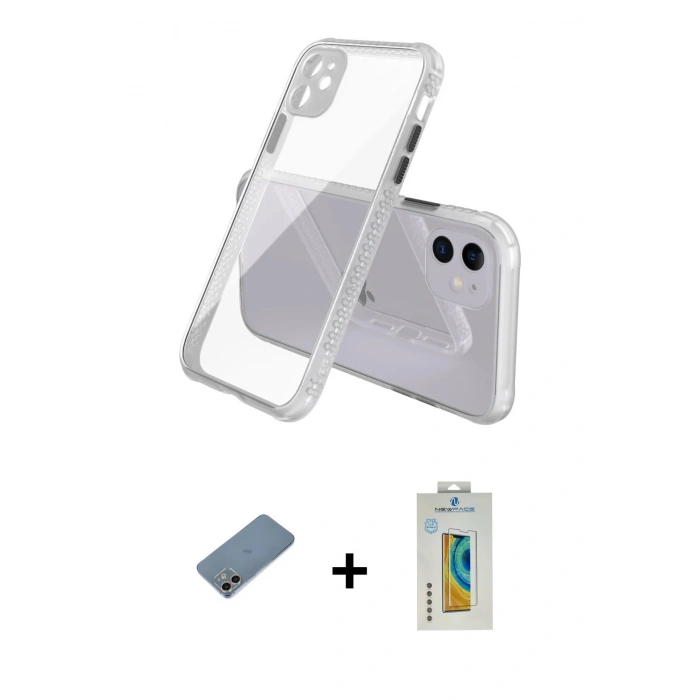 MARSİLYAN™- iPhone 12 Kılıf Nova Asil Özel Seri - Siyah Polymer Nano Ekran Koruyucu + Gökkuşağı Shine Kamera Lens Koruma Cam