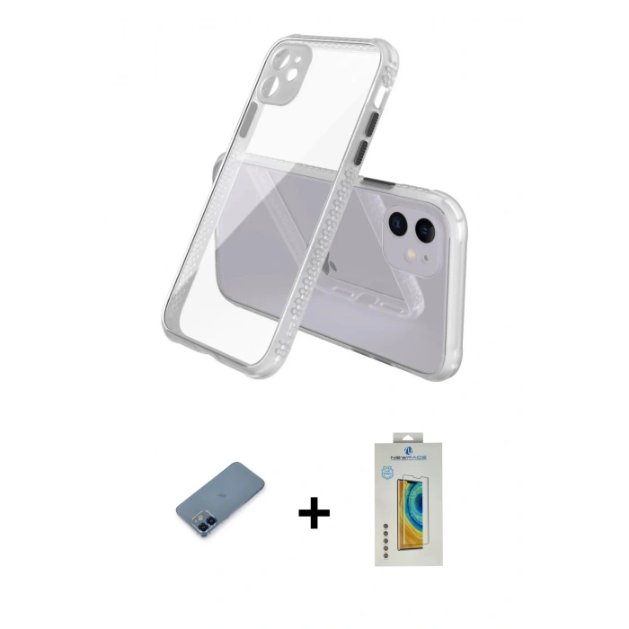 MARSİLYAN™- iPhone 12 Kılıf Nova Asil Özel Seri - Siyah Polymer Nano Ekran Koruyucu + Mavi Metal Kamera Lens Koruma Cam