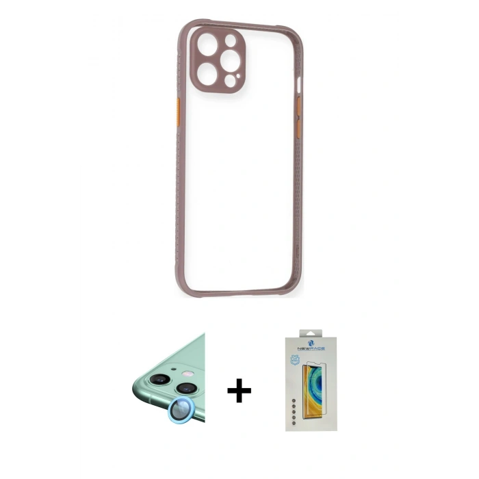 MARSİLYAN™- iPhone 12 Kılıf Nova Asil Özel Seri - Siyah Polymer Nano Ekran Koruyucu + Mavi Raze Metal Kamera Lens