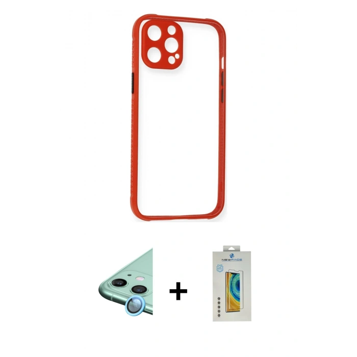 MARSİLYAN™- iPhone 12 Kılıf Nova Asil Özel Seri - Siyah Polymer Nano Ekran Koruyucu + Mavi Raze Metal Kamera Lens