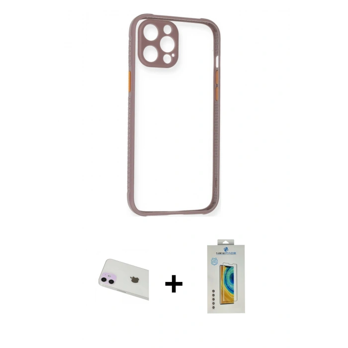 MARSİLYAN™- iPhone 12 Kılıf Nova Asil Özel Seri - Siyah Polymer Nano Ekran Koruyucu + Mor Rainbow Kamera Lens Koruma Cam