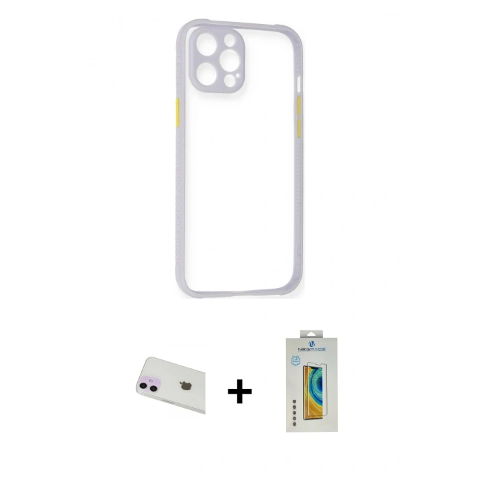 MARSİLYAN™- iPhone 12 Kılıf Nova Asil Özel Seri - Siyah Polymer Nano Ekran Koruyucu + Mor Rainbow Kamera Lens Koruma Cam