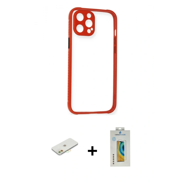 MARSİLYAN™- iPhone 12 Kılıf Nova Asil Özel Seri - Siyah Polymer Nano Ekran Koruyucu + Renkli Kamera Lens Koruma Cam - TU