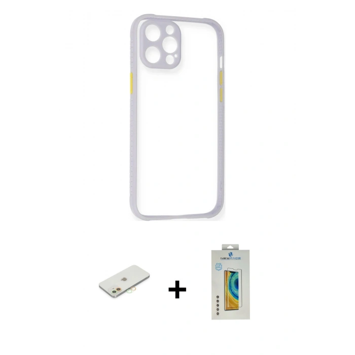 MARSİLYAN™- iPhone 12 Kılıf Nova Asil Özel Seri - Siyah Polymer Nano Ekran Koruyucu + Renkli Kamera Lens Koruma Cam - TU