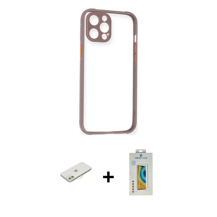 MARSİLYAN™- iPhone 12 Kılıf Nova Asil Özel Seri - Siyah Polymer Nano Ekran Koruyucu + Renkli Kamera Lens Koruma Cam - TU