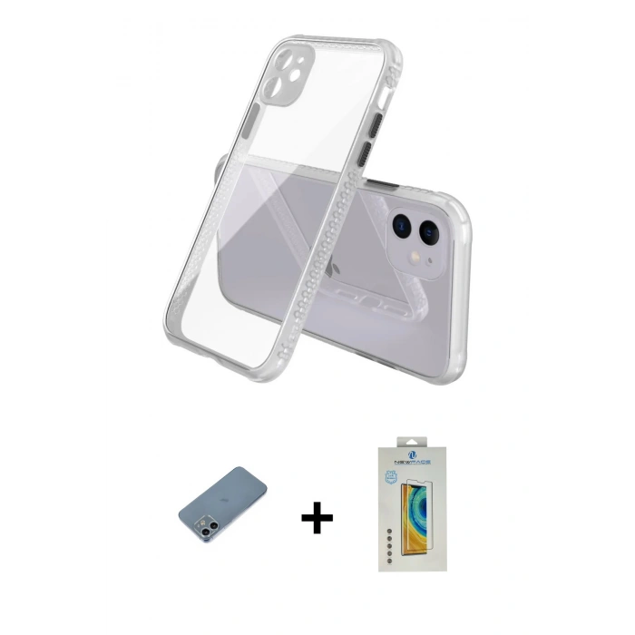 MARSİLYAN™- iPhone 12 Kılıf Nova Asil Özel Seri - Siyah Polymer Nano Ekran Koruyucu + Sierra Blue Shine Kamera Lens Koruma Cam