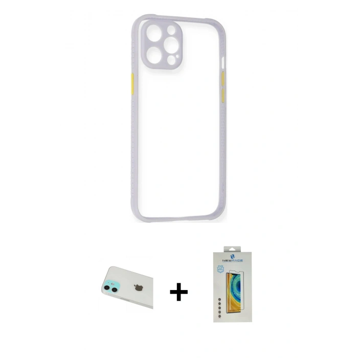 MARSİLYAN™- iPhone 12 Kılıf Nova Asil Özel Seri - Siyah Polymer Nano Ekran Koruyucu + Rainbow Kamera Lens Koruma Cam - YL