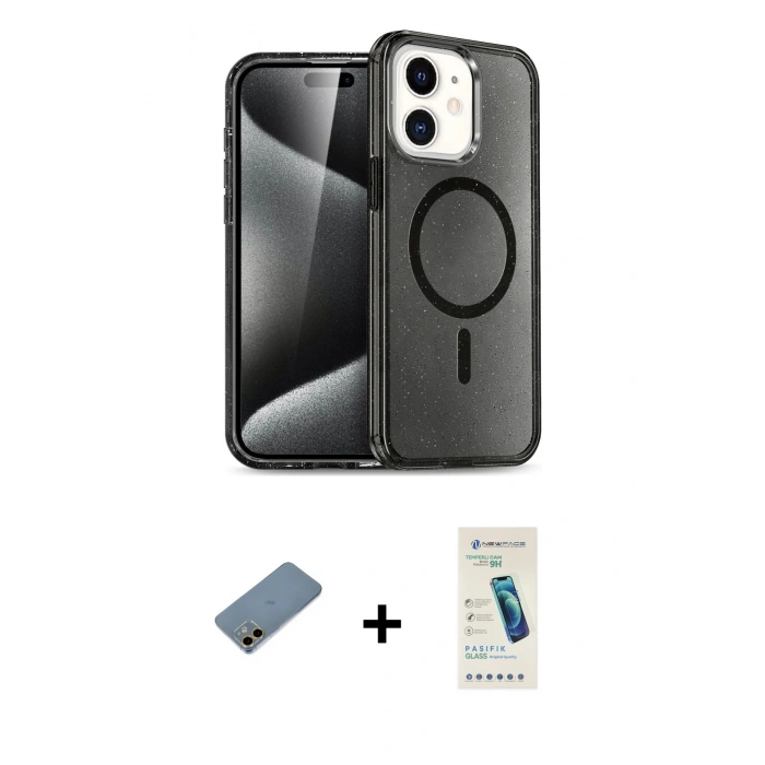 MARSİLYAN™- iPhone 12 Kılıf Nova Asil Prime - Şeffaf Pasifik Cam Ekran Koruyucu + Shine Kamera Lens Koruma Cam - GD
