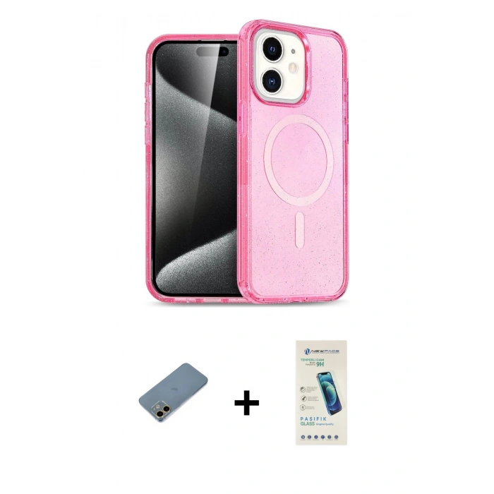 MARSİLYAN™- iPhone 12 Kılıf Nova Asil Prime - Şeffaf Pasifik Cam Ekran Koruyucu + Shine Kamera Lens Koruma Cam - GD