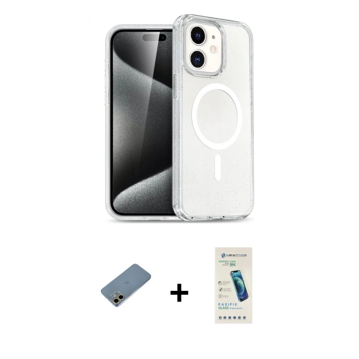 MARSİLYAN™- iPhone 12 Kılıf Nova Asil Prime - Şeffaf Pasifik Cam Ekran Koruyucu + Shine Kamera Lens Koruma Cam - GD