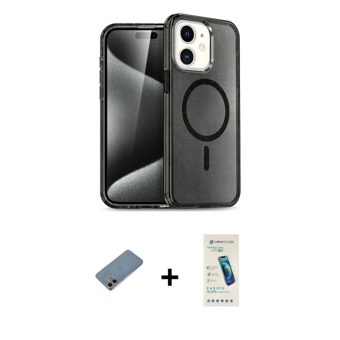MARSİLYAN™- iPhone 12 Kılıf Nova Asil Prime - Şeffaf Pasifik Cam Ekran Koruyucu + Shine Kamera Lens Koruma Cam - PE