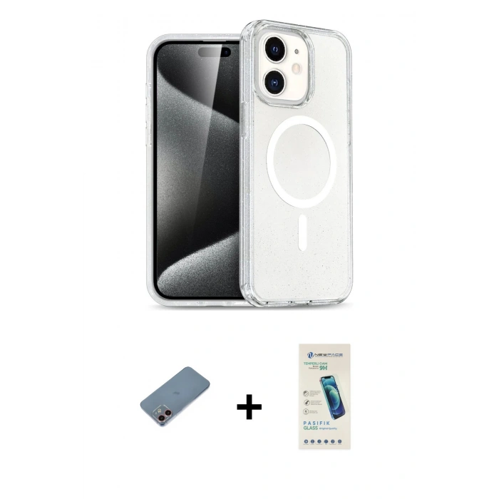 MARSİLYAN™- iPhone 12 Kılıf Nova Asil Prime - Şeffaf Pasifik Cam Ekran Koruyucu + Shine Kamera Lens Koruma Cam - PE