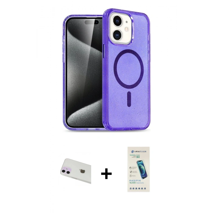MARSİLYAN™- iPhone 12 Kılıf Nova Asil Prime - Şeffaf Pasifik Cam Ekran Koruyucu + Rainbow Kamera Lens Koruma Cam - MR