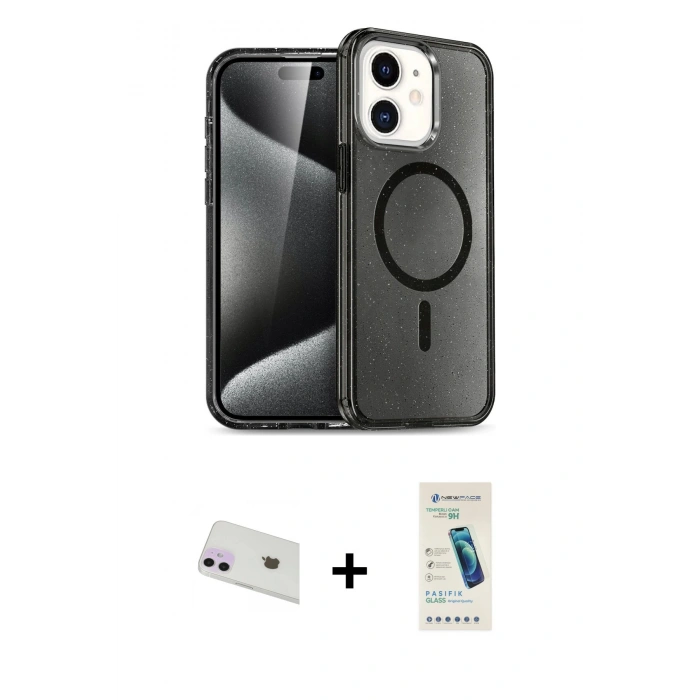 MARSİLYAN™- iPhone 12 Kılıf Nova Asil Prime - Şeffaf Pasifik Cam Ekran Koruyucu + Rainbow Kamera Lens Koruma Cam - MR